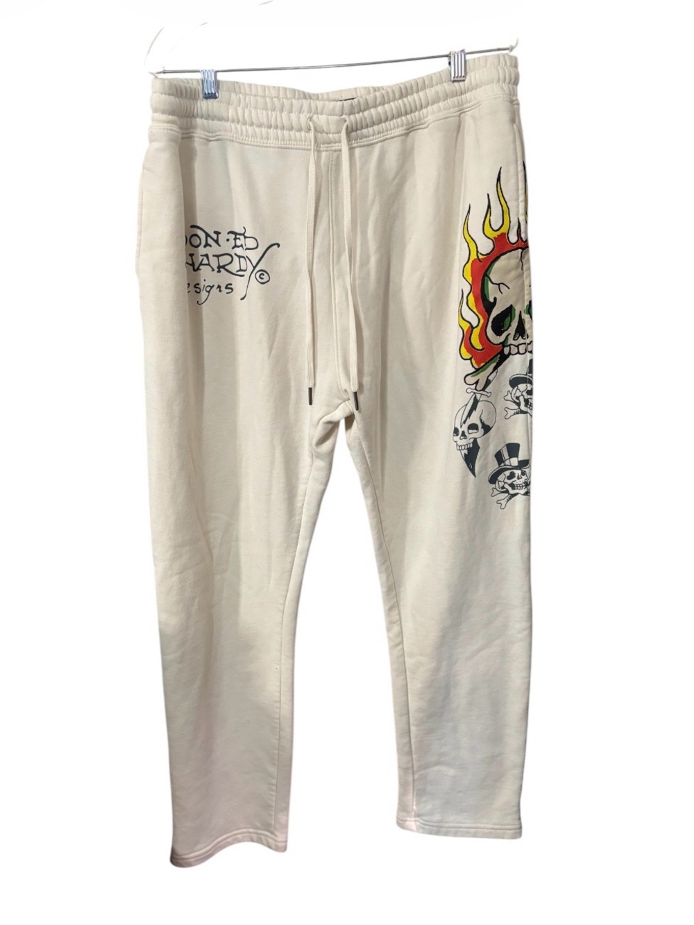 Ed Hardy Ivory Skull Flame Graphic Sweatpants Sz XL